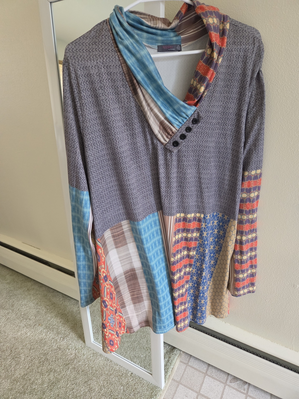 Boho Patchwork Tunic Top with Cowl Neck - Multi